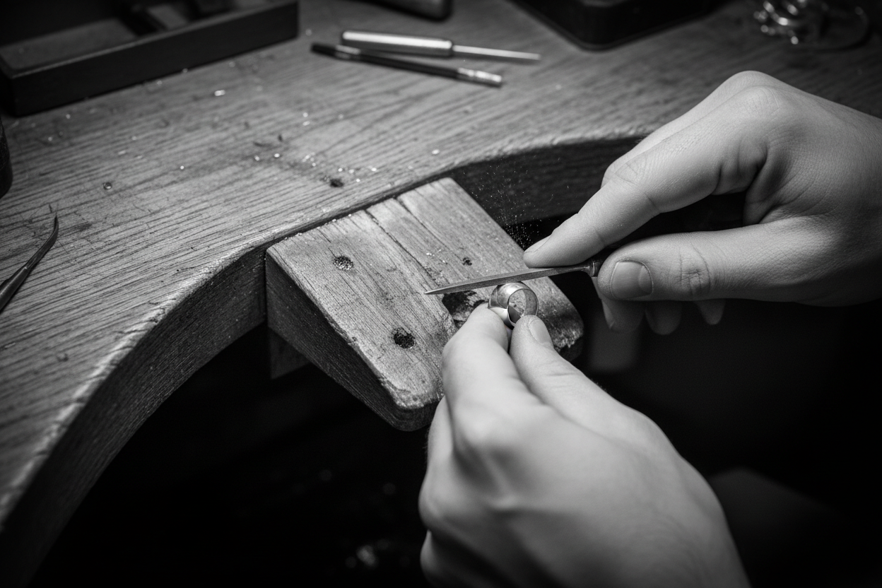 Jeweler sizing ring on wooden bench
