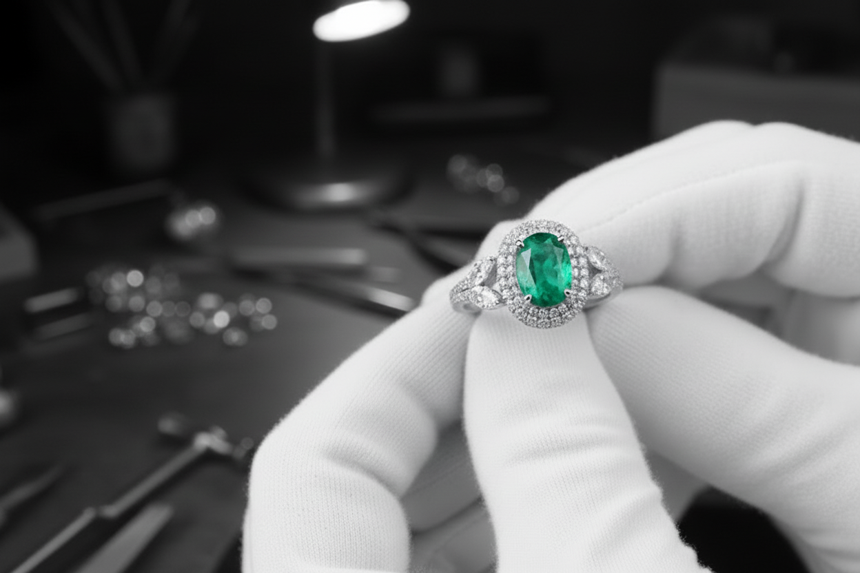 Man's hands in white gloves actively holding jewelry