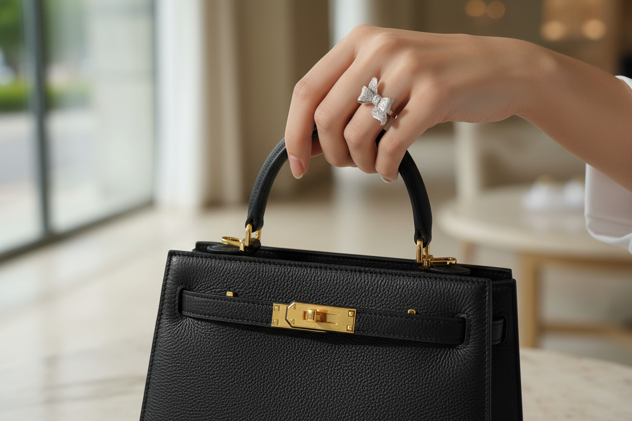 Woman's hand with Amora Ribbon ring holding luxury purse